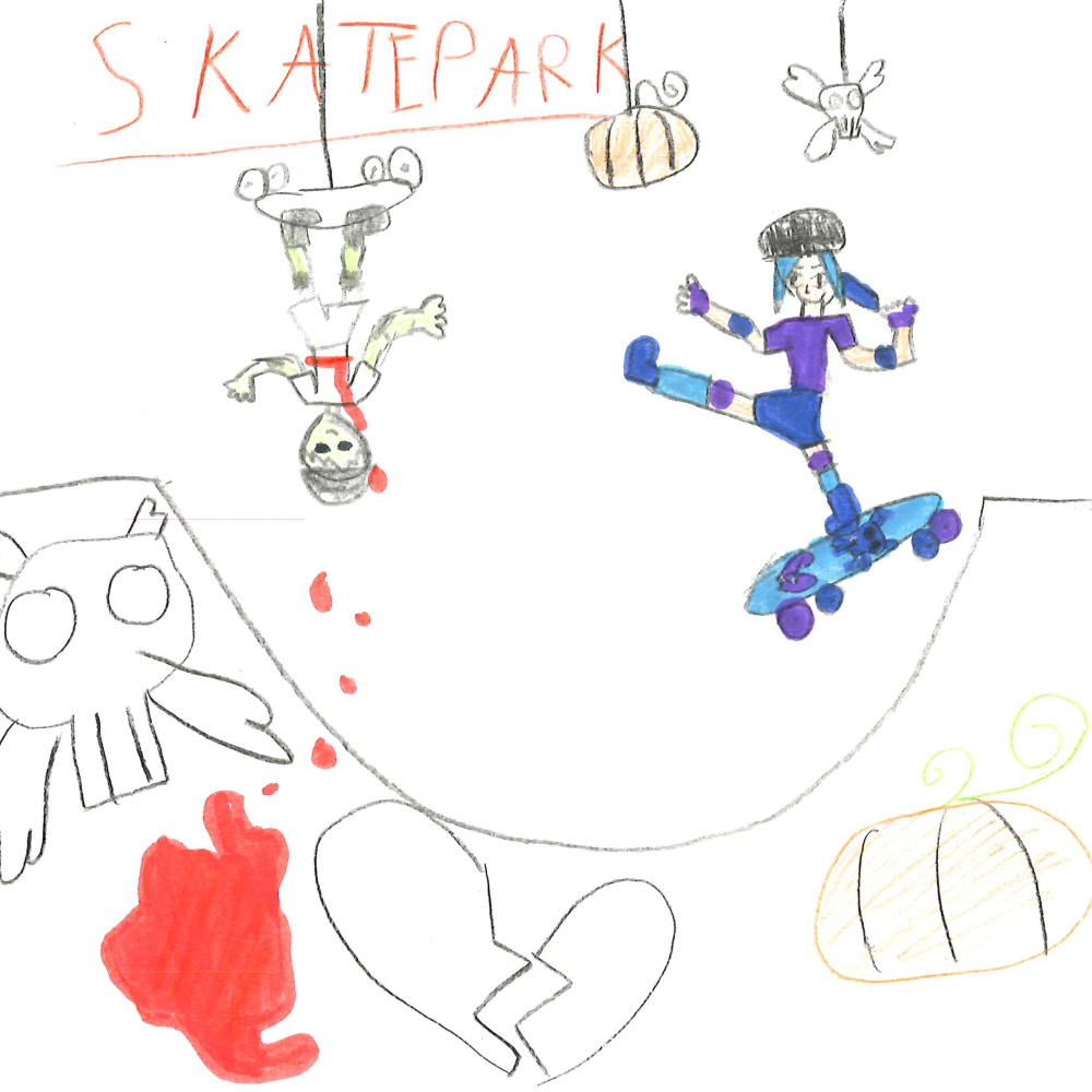 Dessin de Lyana (11 ans). Mot: Skate, SkateparkTechnique: Crayons.