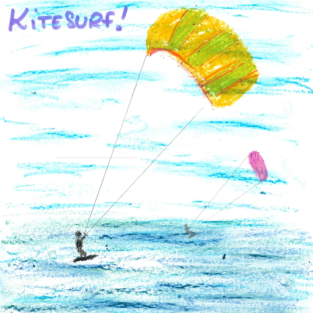 Dessin de Kelly (34 ans). Mot: KitesurfTechnique: Pastels.