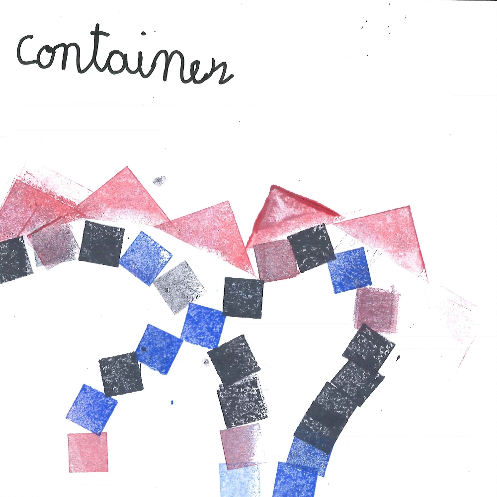 Dessin de Sandro (7 ans). Mot: ContainerTechnique: Tampons.