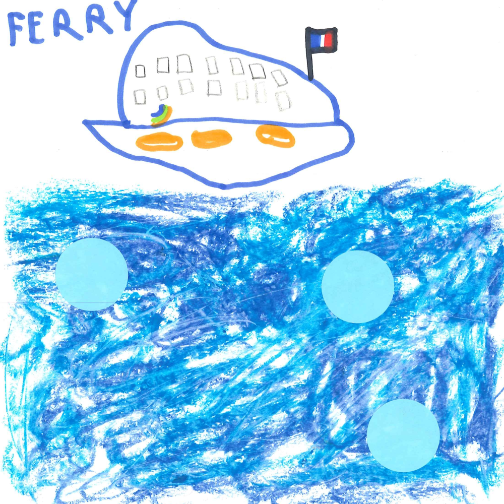 Dessin de Lynna (9 ans). Mot: FerryTechnique: Pastels.