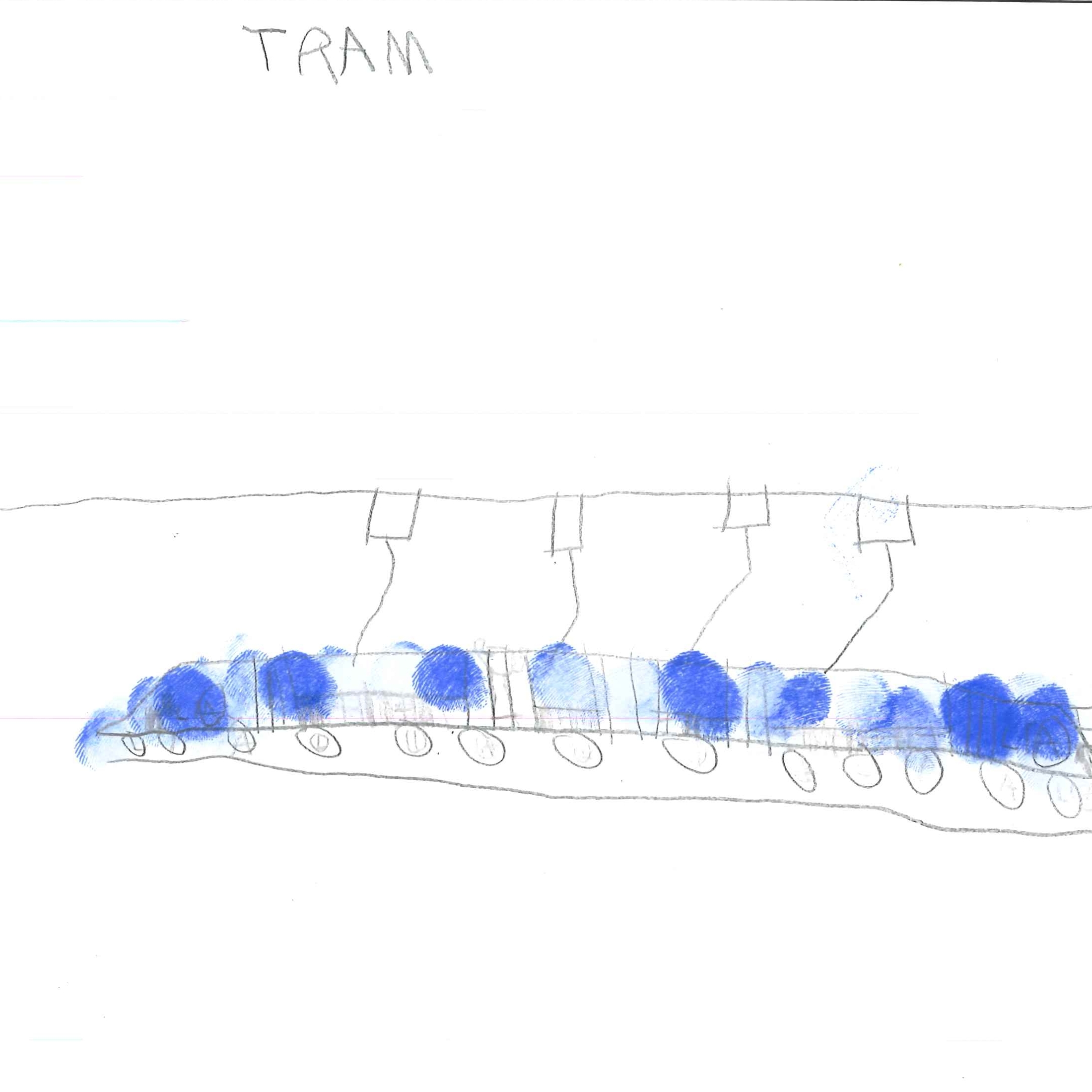 Dessin de Thymeo (9 ans). Mot: TramwayTechnique: Tampons.