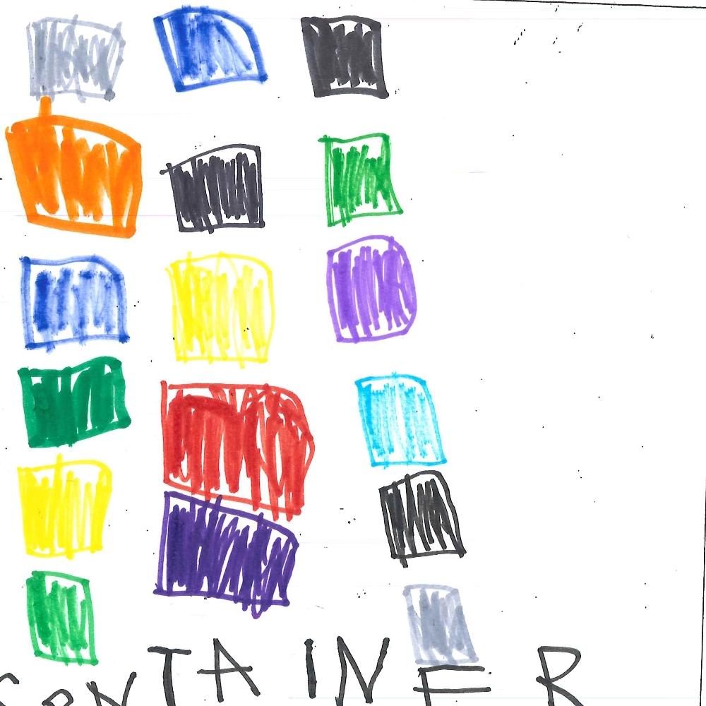Dessin de Abdoul (4 ans). Mot: ContainerTechnique: Normographe.