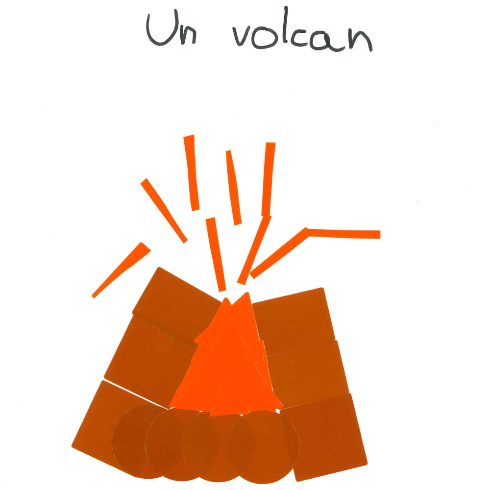 Dessin de Liam (10 ans). Mot: VolcanTechnique: Gommettes.