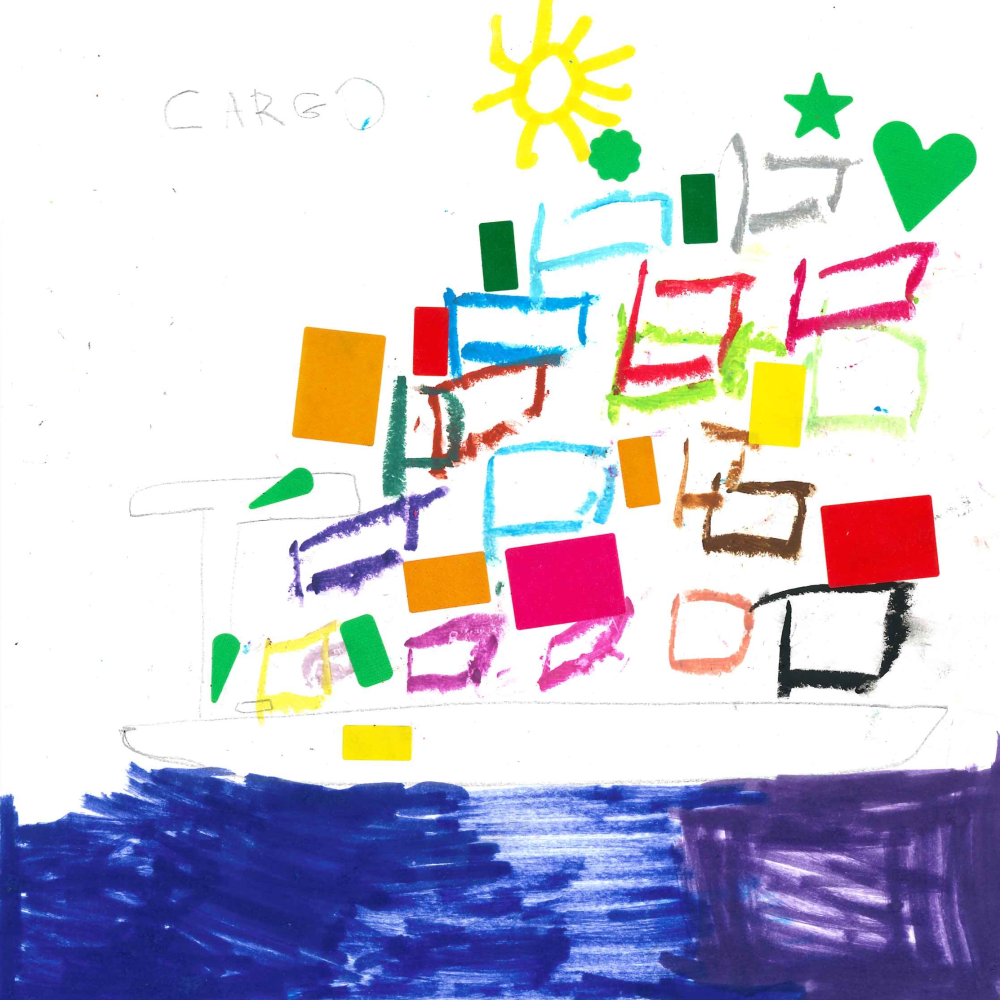 Dessin de Léonie (5 ans). Mot: CargoTechnique: Pastels.