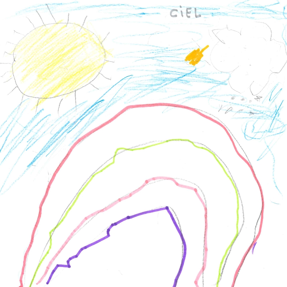 Dessin de Adam (4 ans). Mot: CielTechnique: Crayons.