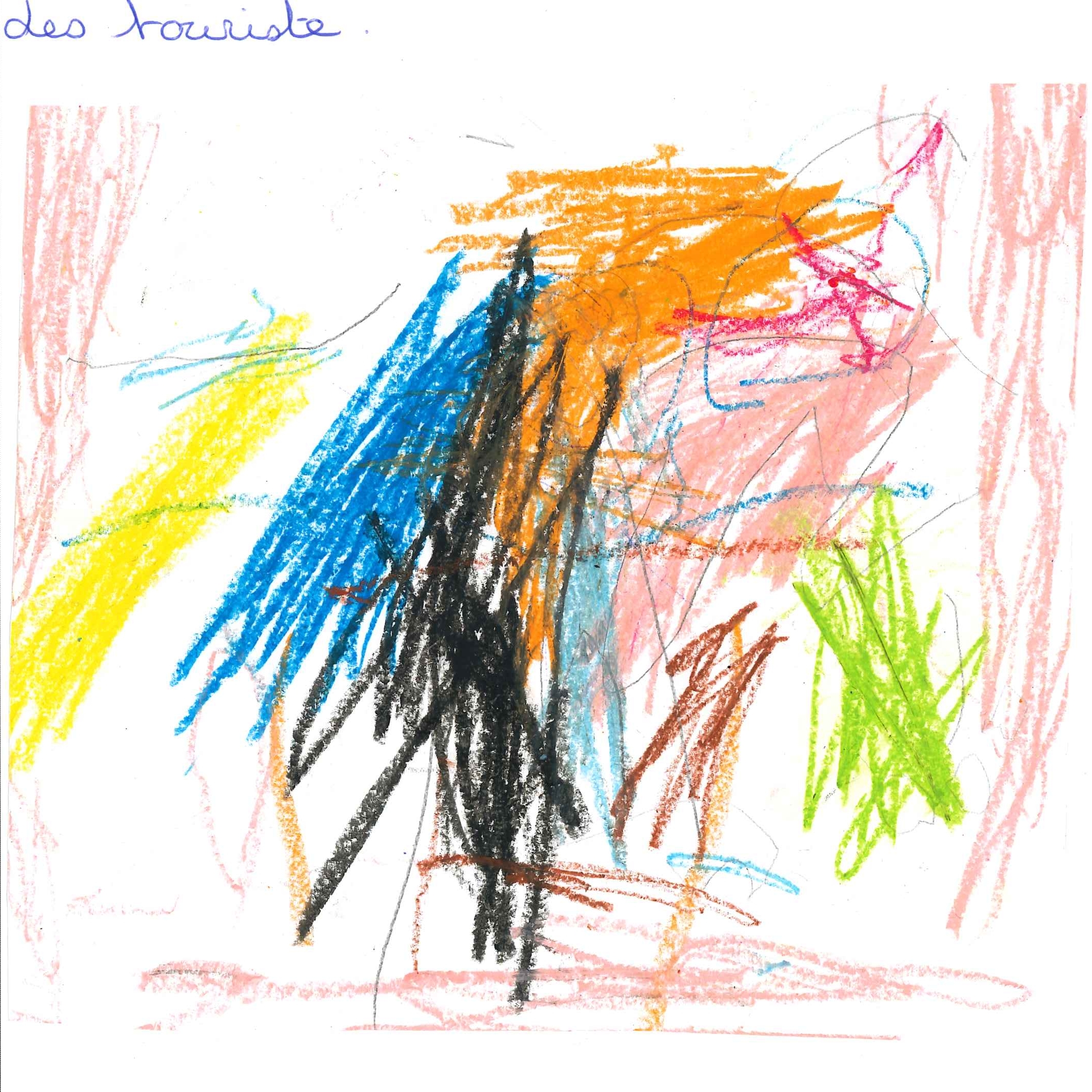 Dessin de Tidiane (3 ans). Mot: TouristesTechnique: Pastels.