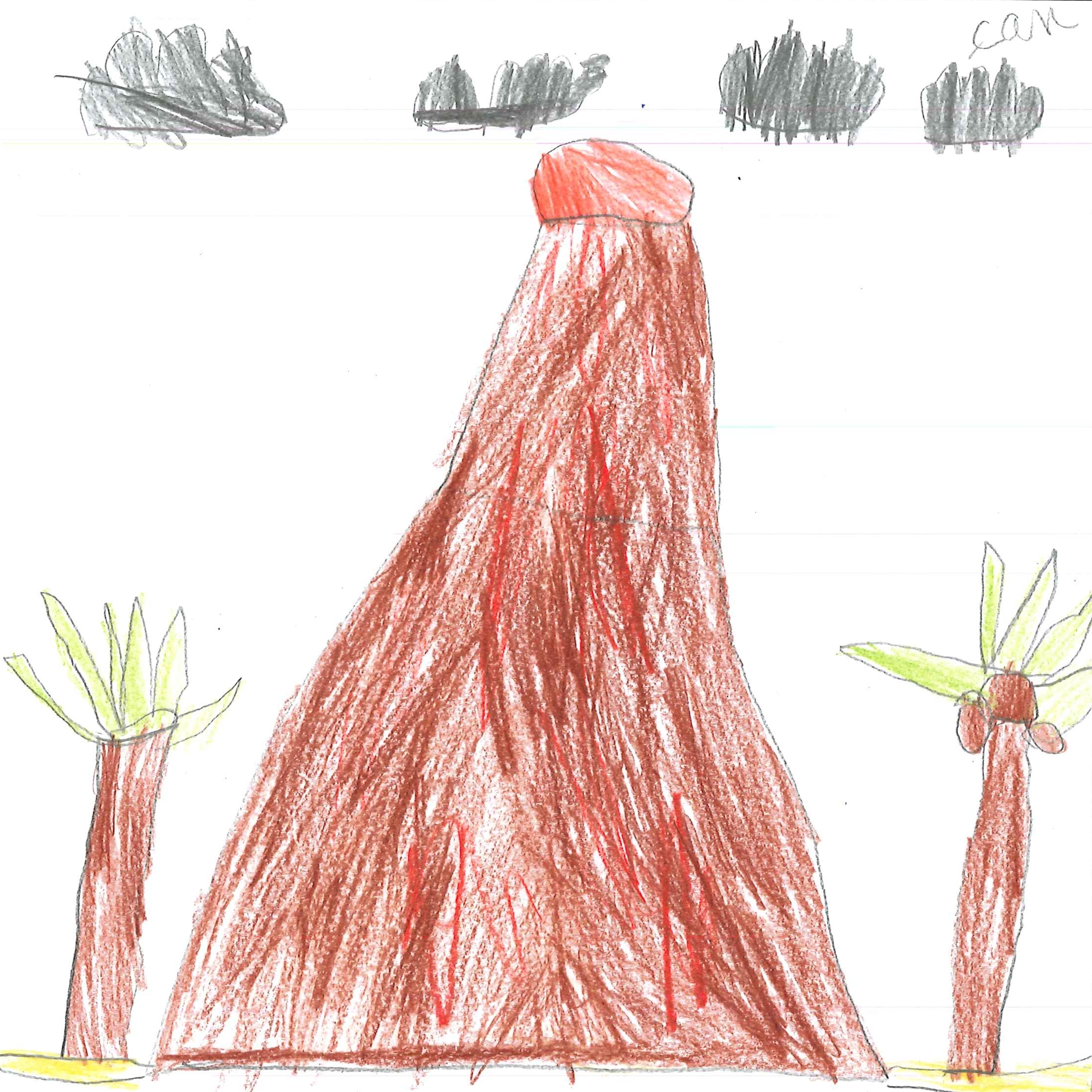 Dessin de Liam (6 ans). Mot: VolcanTechnique: Crayons.