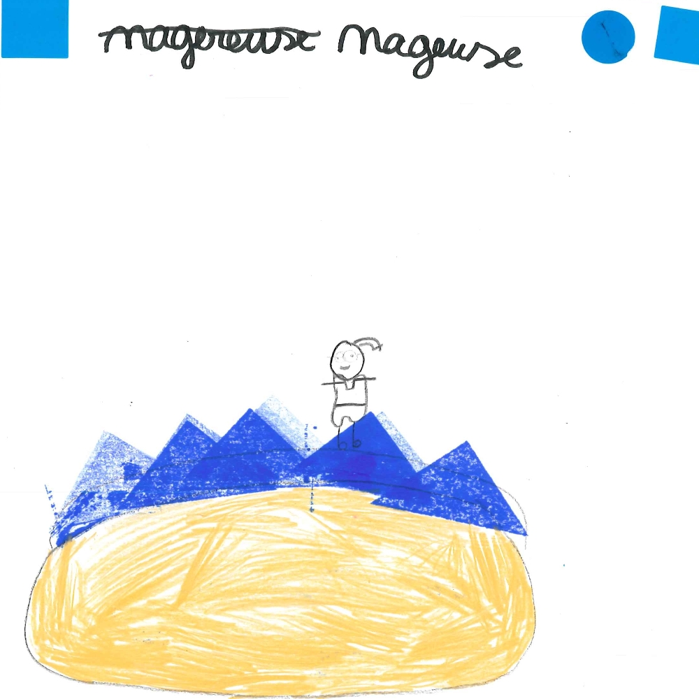 Dessin de Kamila (6 ans). Mot: Nageuse, NageurTechnique: Crayons.