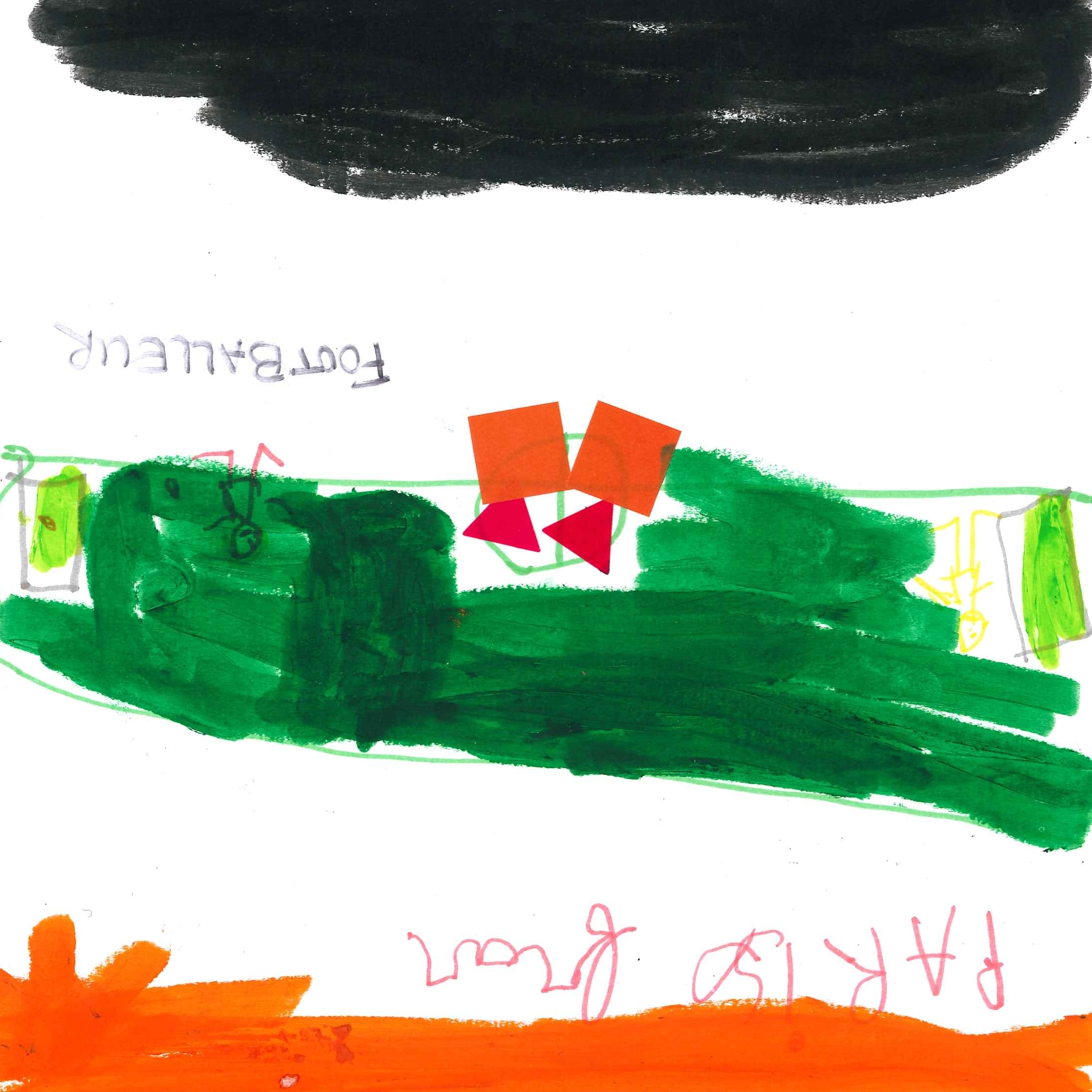 Dessin de Kahyl (7 ans). Mot: Footballeuse, FootballeurTechnique: Peinture.