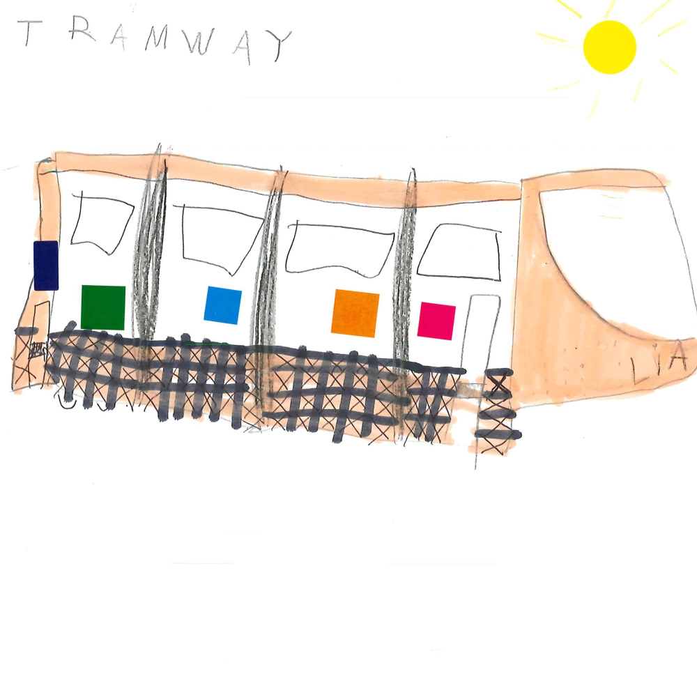 Dessin de Sofia (8 ans). Mot: TramwayTechnique: Gommettes.