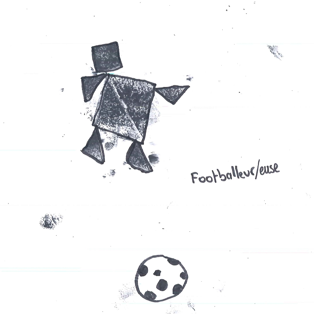 Dessin de Mariame (6 ans). Mot: Footballeur, FootballeuseTechnique: Tampons.