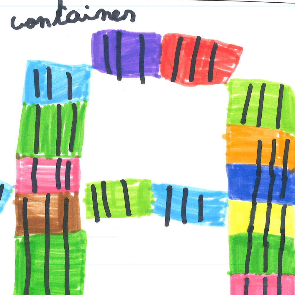 Dessin de Manon (8 ans). Mot: ContainerTechnique: Feutres.