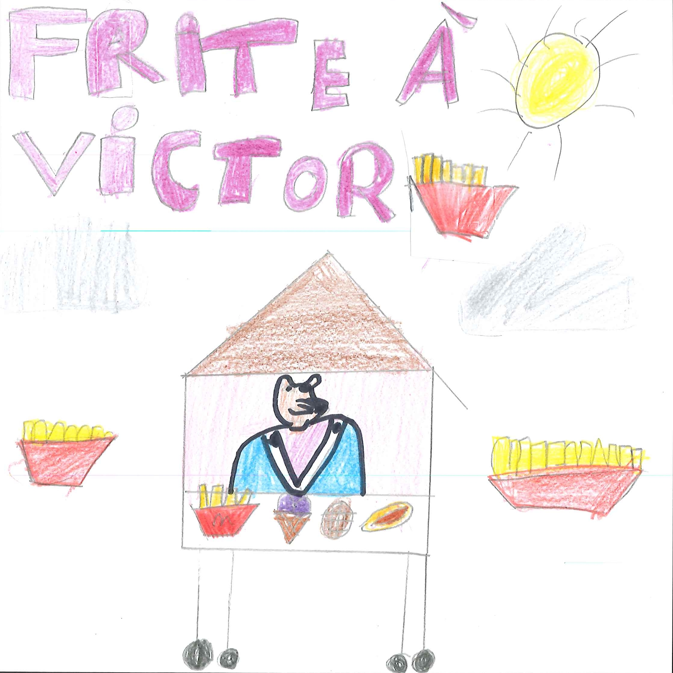 Dessin de Jihanne (8 ans). Mot: Frites à VictorTechnique: Crayons.