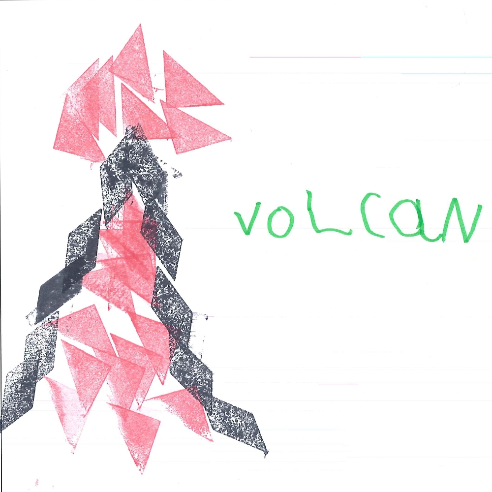 Dessin de Victor (6 ans). Mot: VolcanTechnique: Tampons.