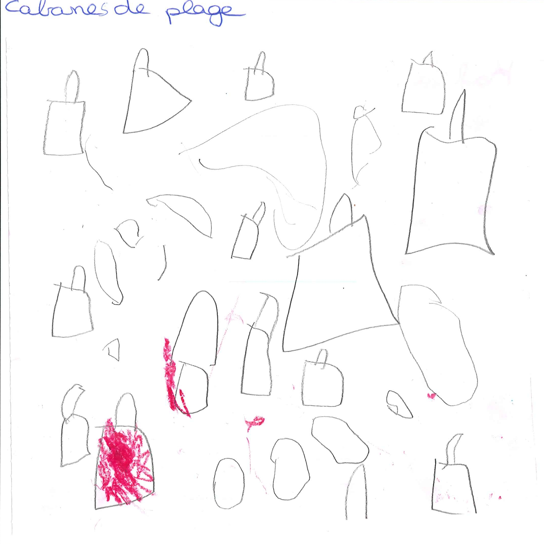 Dessin de Kahila (4 ans). Mot: Cabane de plageTechnique: Crayons.
