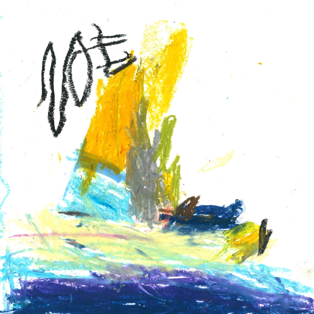 Dessin de Noé (4 ans). Mot: VoilierTechnique: Pastels.