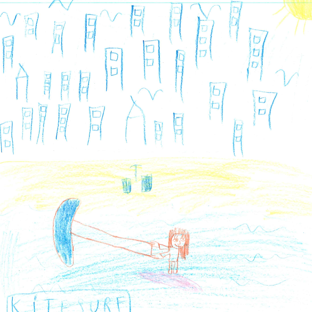 Dessin de Morgane (10 ans). Mot: KitesurfTechnique: Crayons.