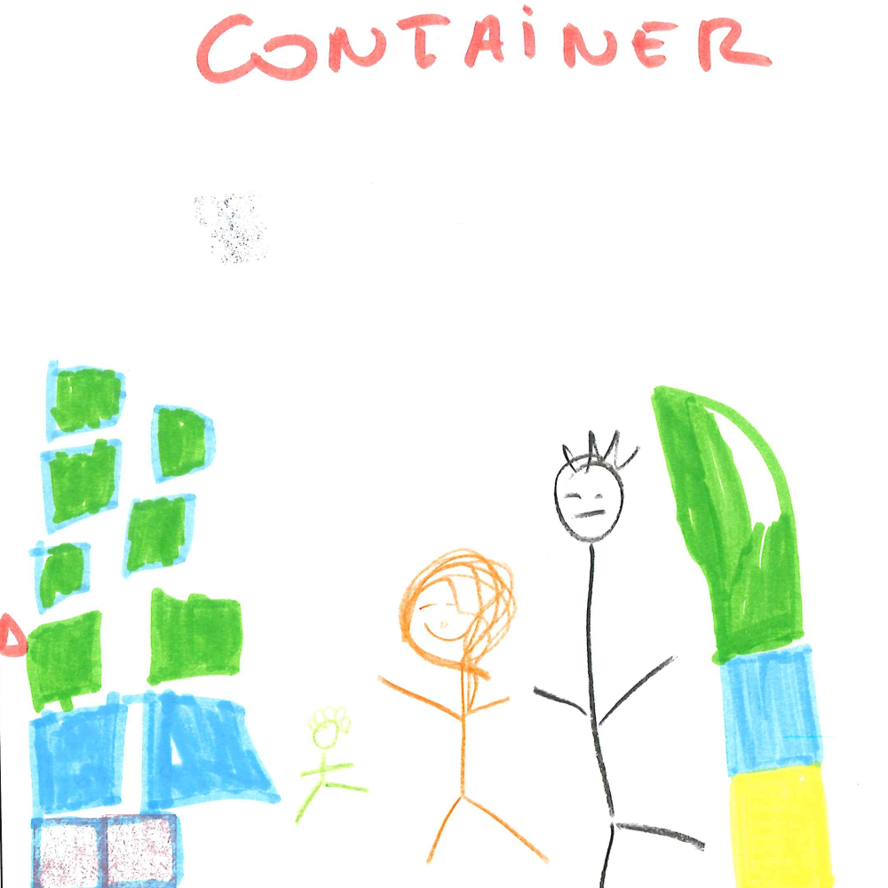 Dessin de Sajjad (5 ans). Mot: ContainerTechnique: Feutres.