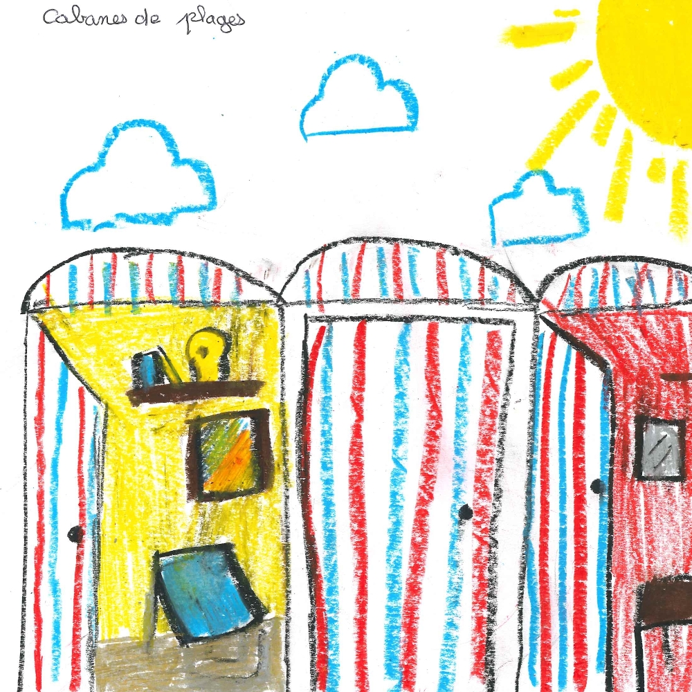 Dessin de Manon (10 ans). Mot: Cabane de plageTechnique: Pastels.