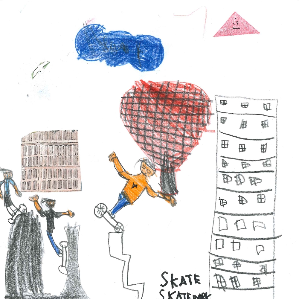 Dessin de Lyam (6 ans). Mot: Skate, SkateparkTechnique: Crayons.