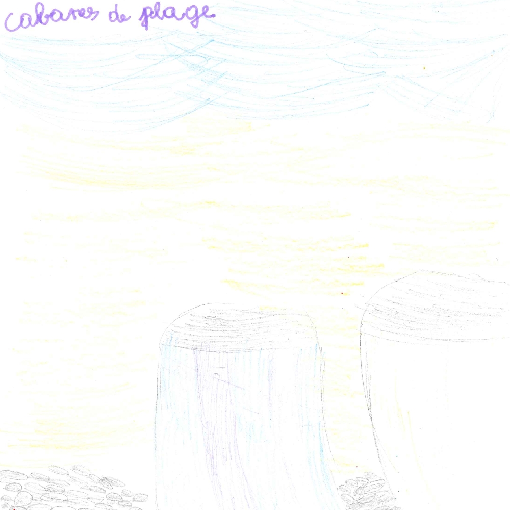 Dessin de Alix (6 ans). Mot: Cabane de plageTechnique: Crayons.