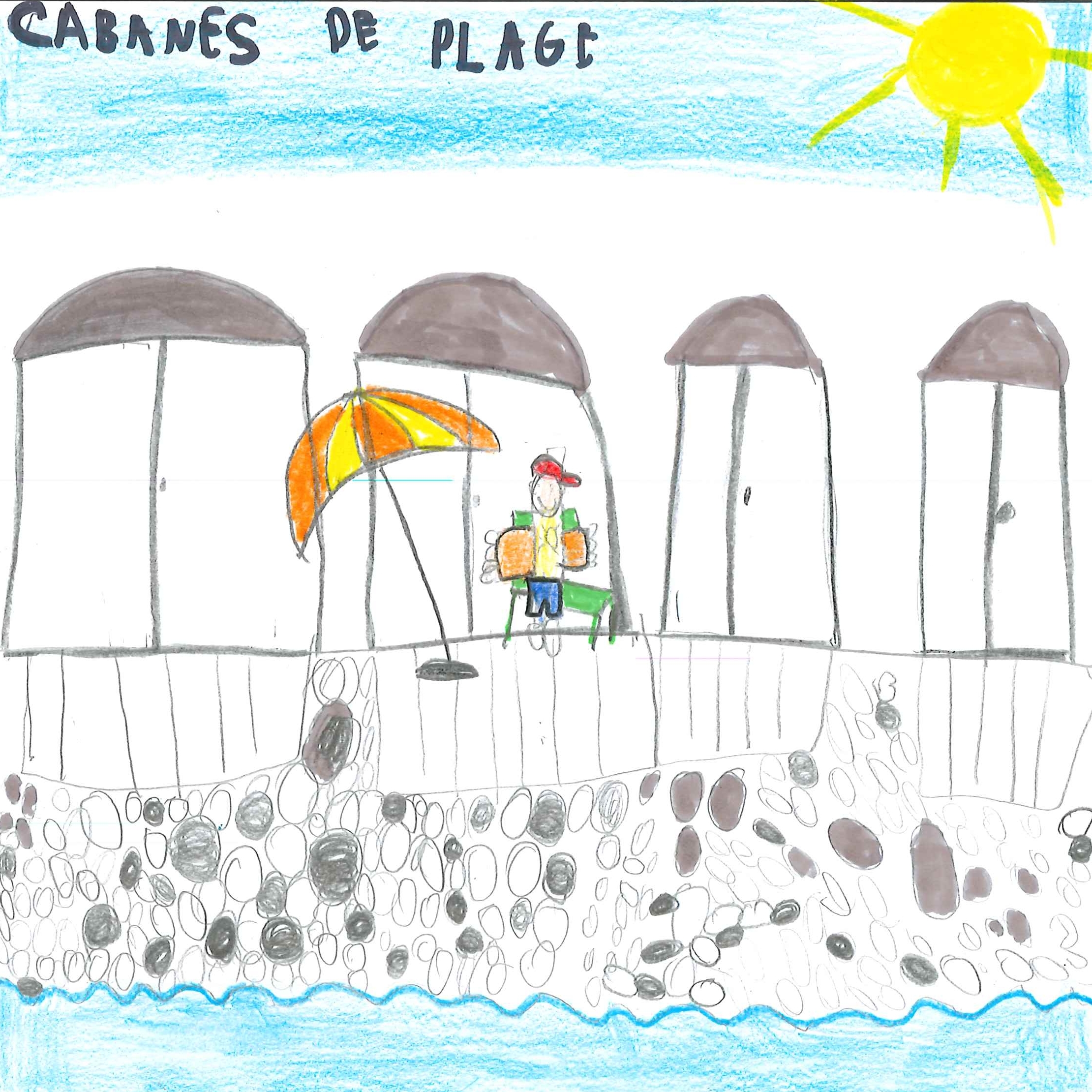Dessin de Mila (6 ans). Mot: Cabane de plageTechnique: Crayons.