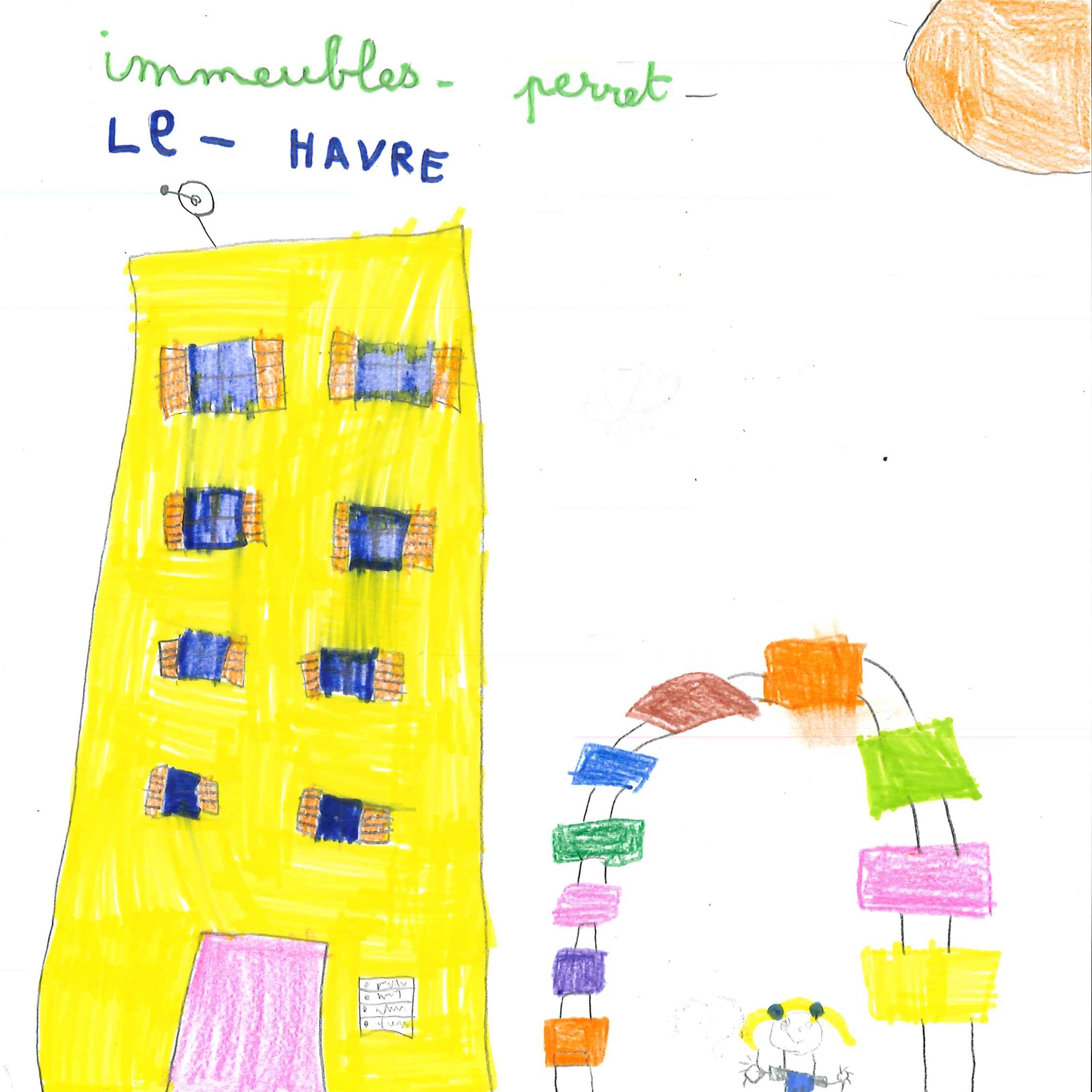 Dessin de Lila (6 ans). Mot: Immeubles PerretTechnique: Crayons.