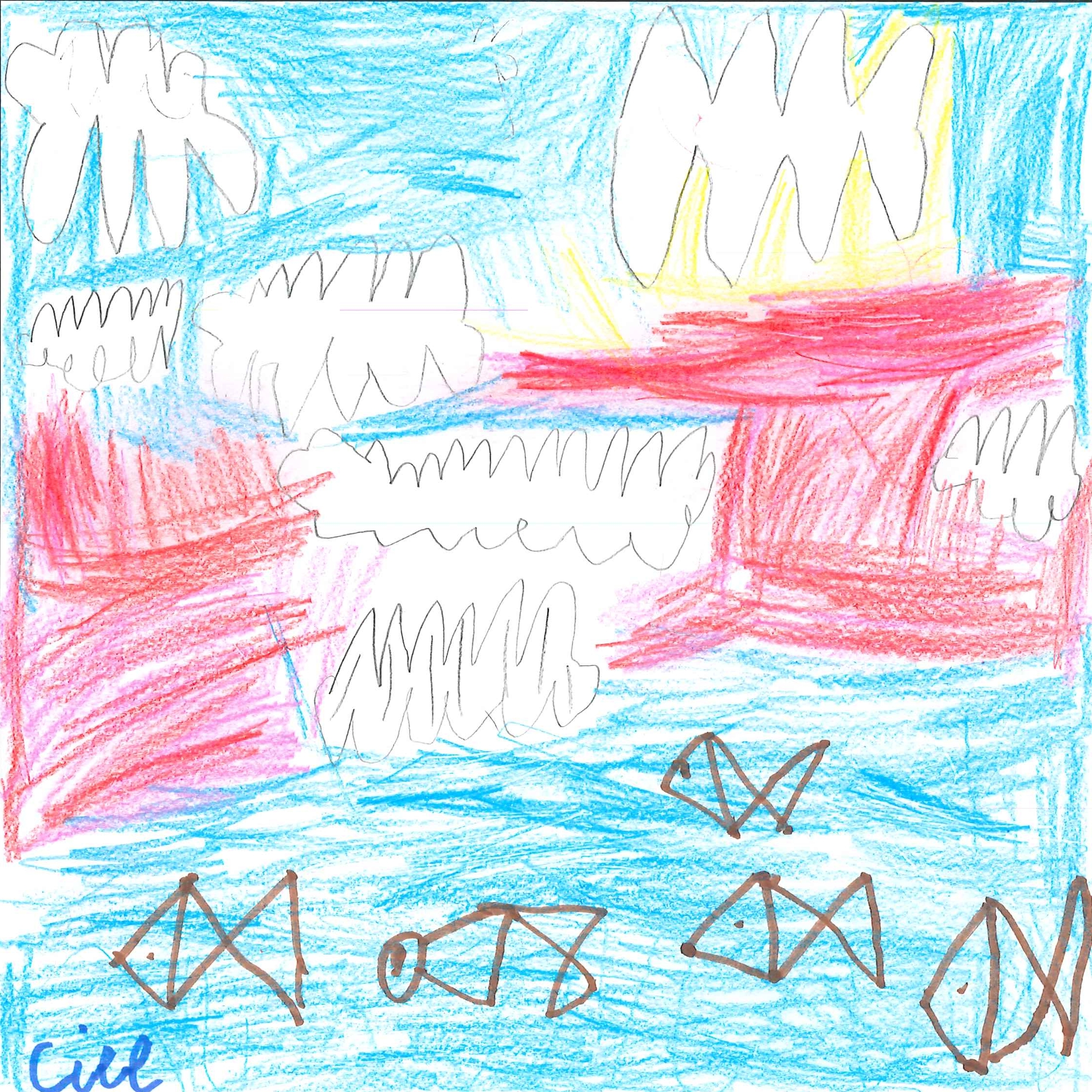 Dessin de Nicolas (6 ans). Mot: CielTechnique: Crayons.