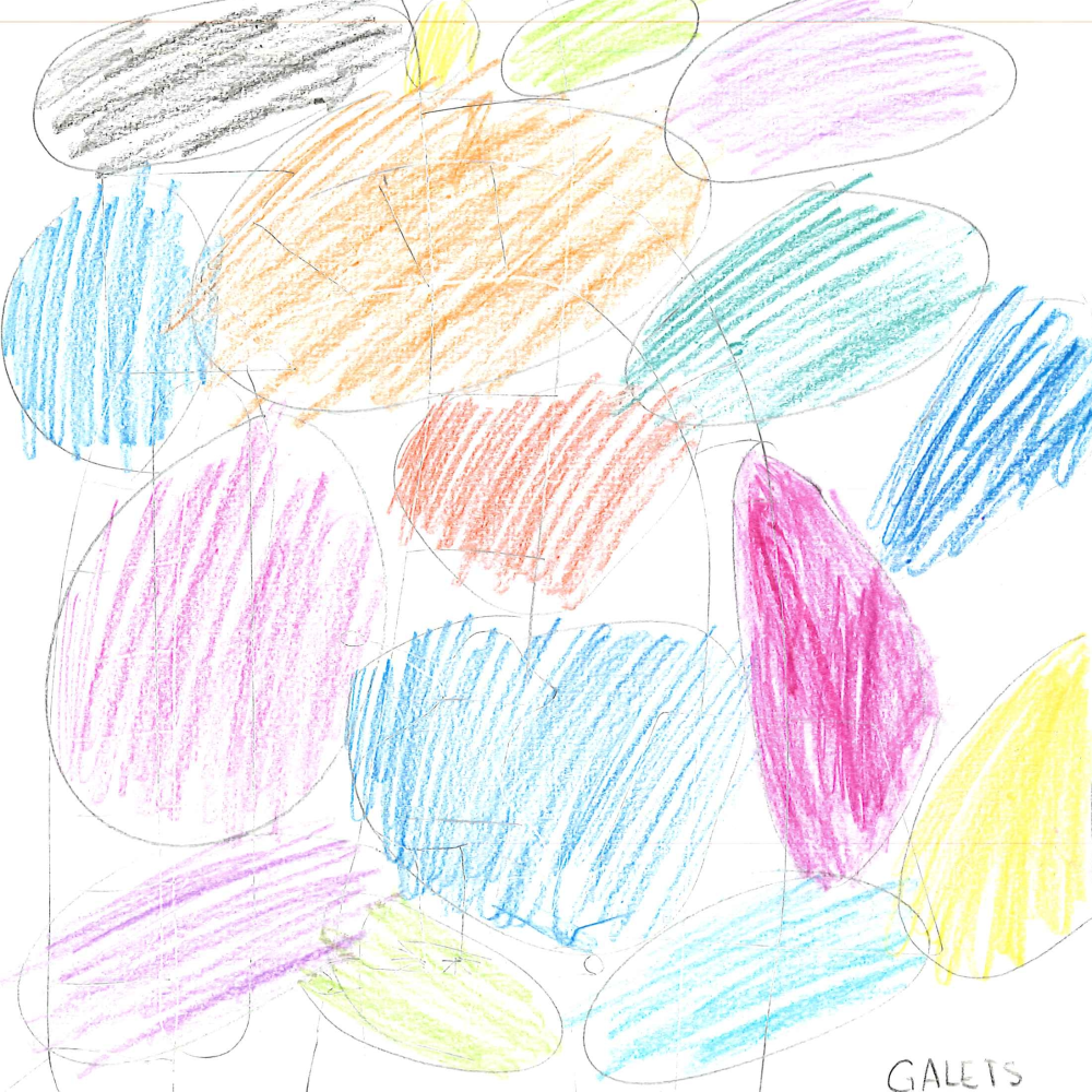 Dessin de Ines (9 ans). Mot: GaletsTechnique: Crayons.