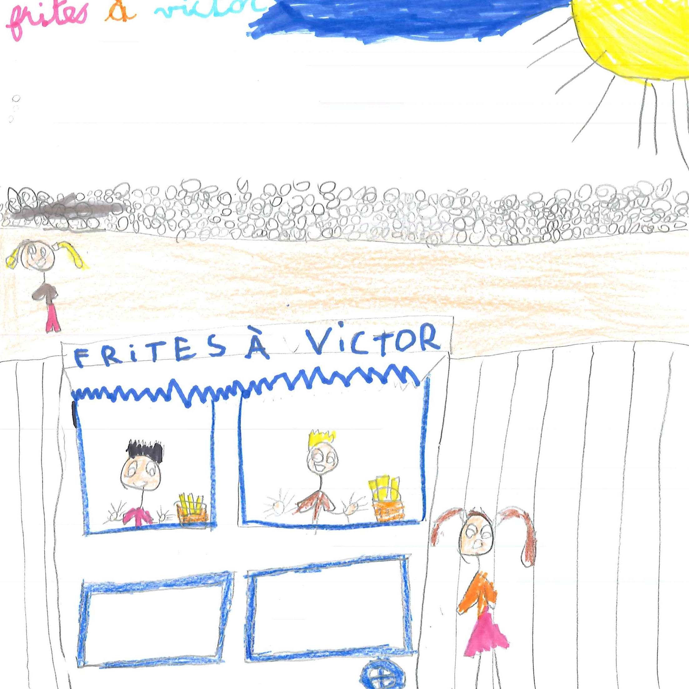 Dessin de Eva (6 ans). Mot: Frites à VictorTechnique: Crayons.
