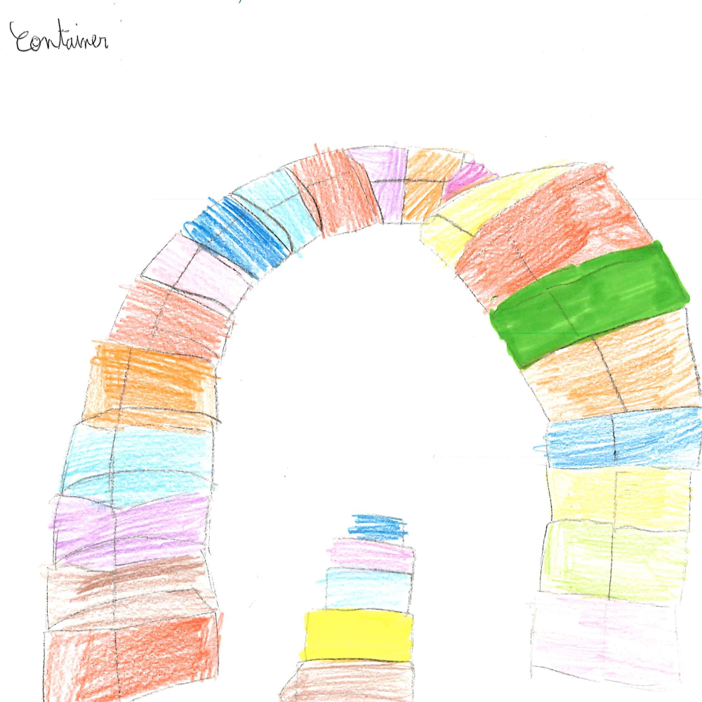 Dessin de Raphaël (9 ans). Mot: ContainerTechnique: Crayons.