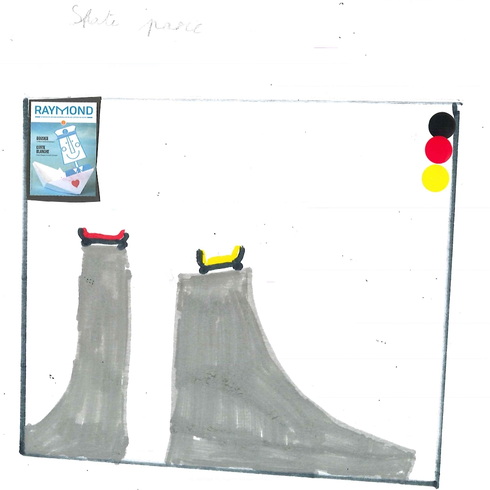 Dessin de Seydina (8 ans). Mot: Skate, SkateparkTechnique: Découpage / Collage.