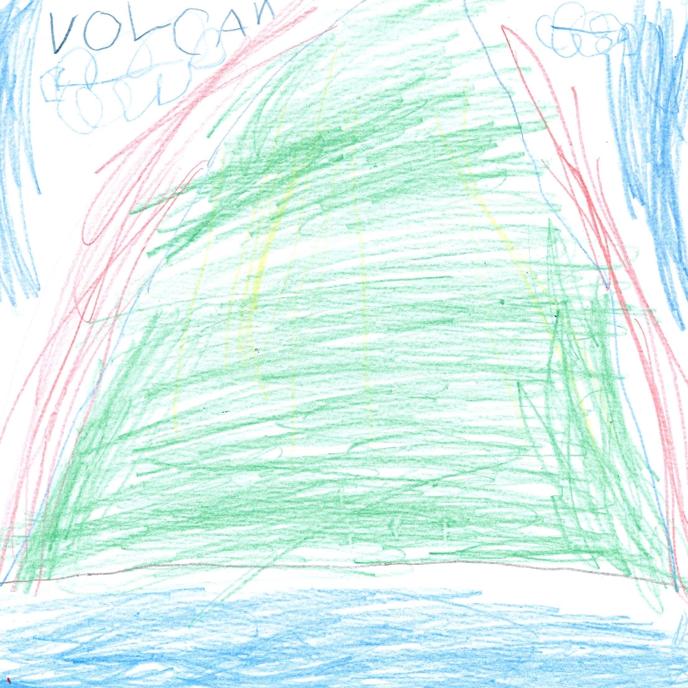 Dessin de Sara (4 ans). Mot: VolcanTechnique: Crayons.