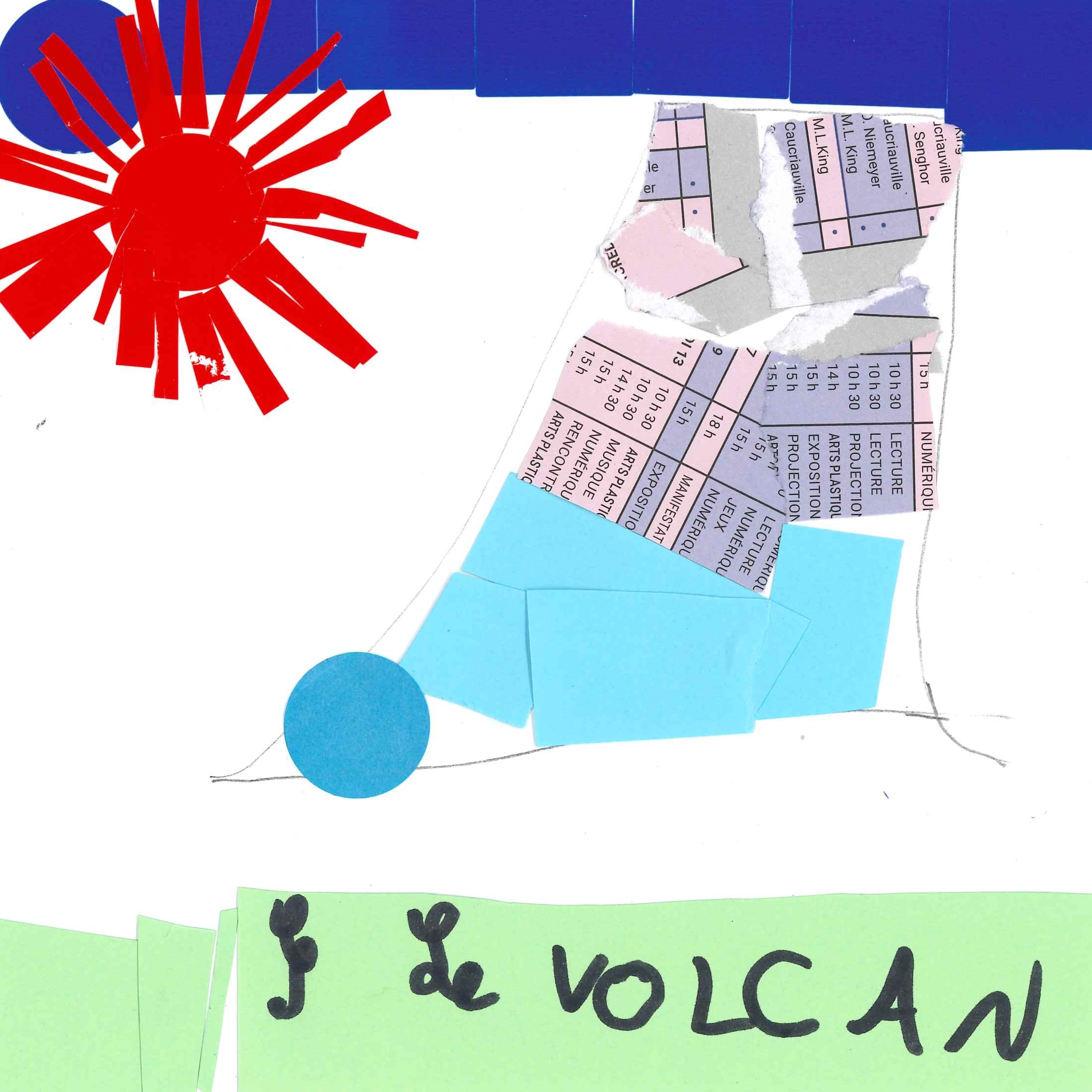 Dessin de Gylan (8 ans). Mot: VolcanTechnique: Découpage / Collage.