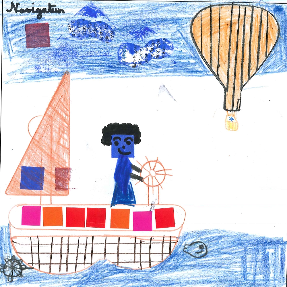 Dessin de Dylan (9 ans). Mot: Navigatrice, NavigateurTechnique: Crayons.