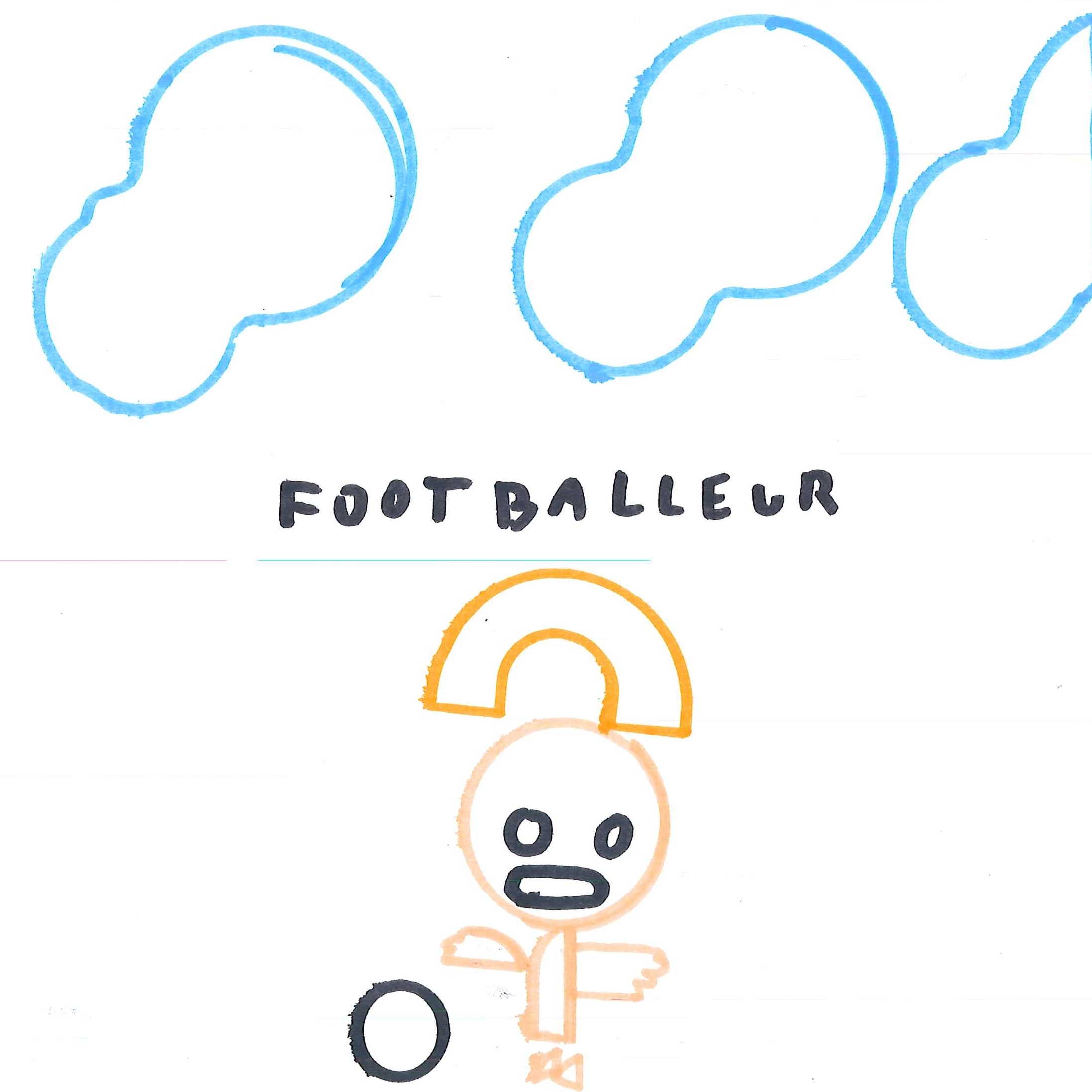 Dessin de Lagave (6 ans). Mot: Footballeuse, FootballeurTechnique: Normographe.