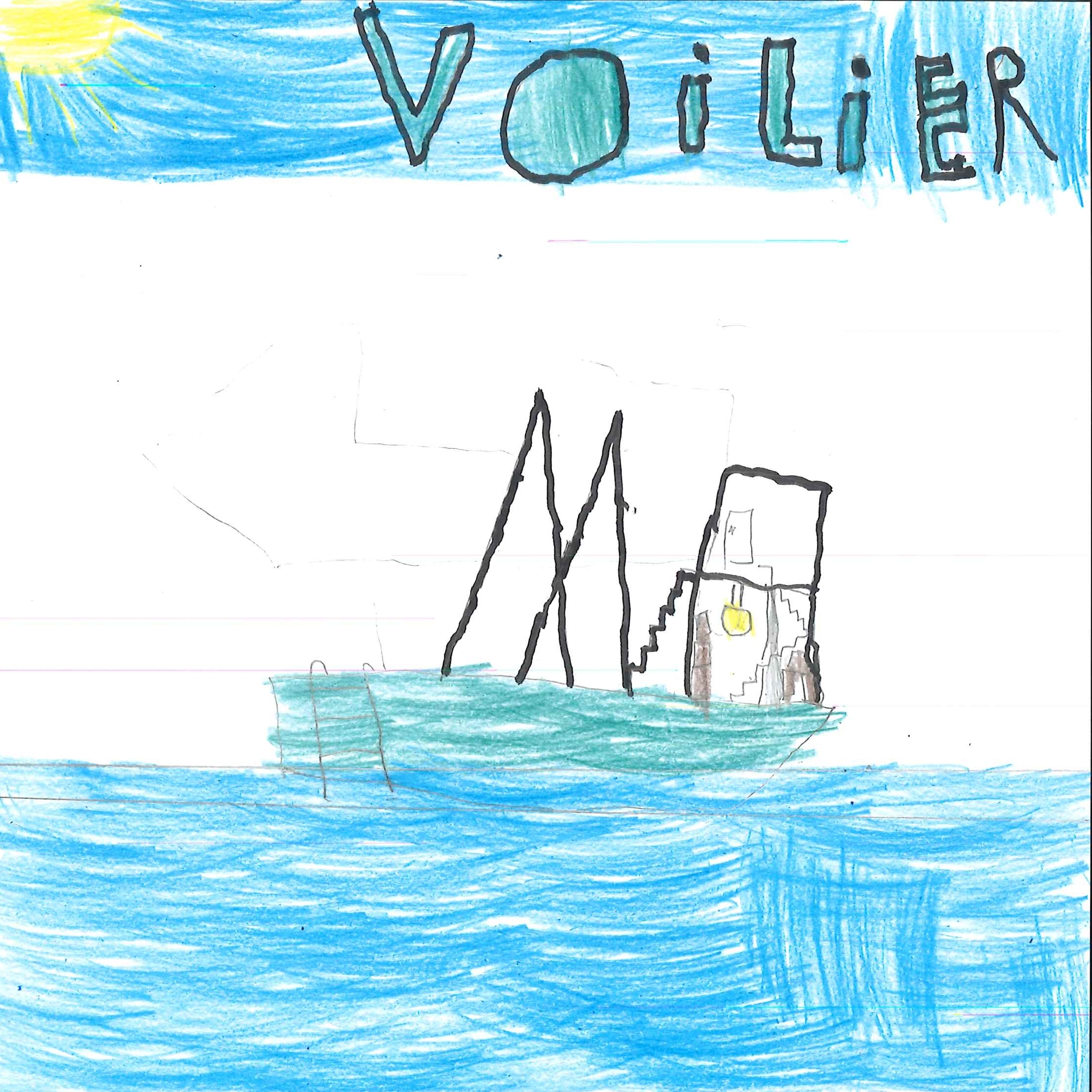 Dessin de Younes (9 ans). Mot: VoilierTechnique: Crayons.