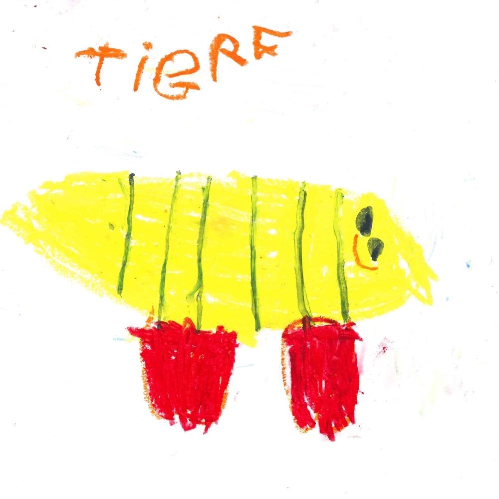 Dessin de Tom (6 ans). Mot: TigreTechnique: Pastels.