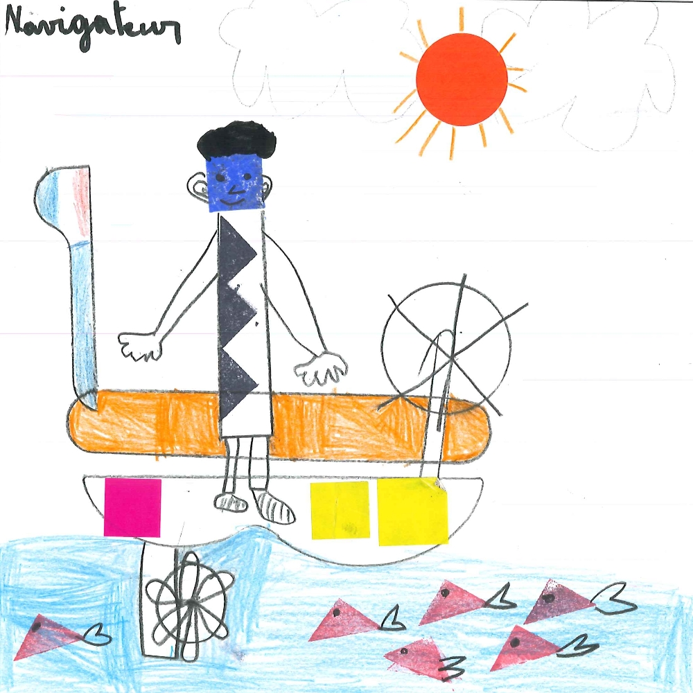 Dessin de Manassé (8 ans). Mot: Navigatrice, NavigateurTechnique: Crayons.