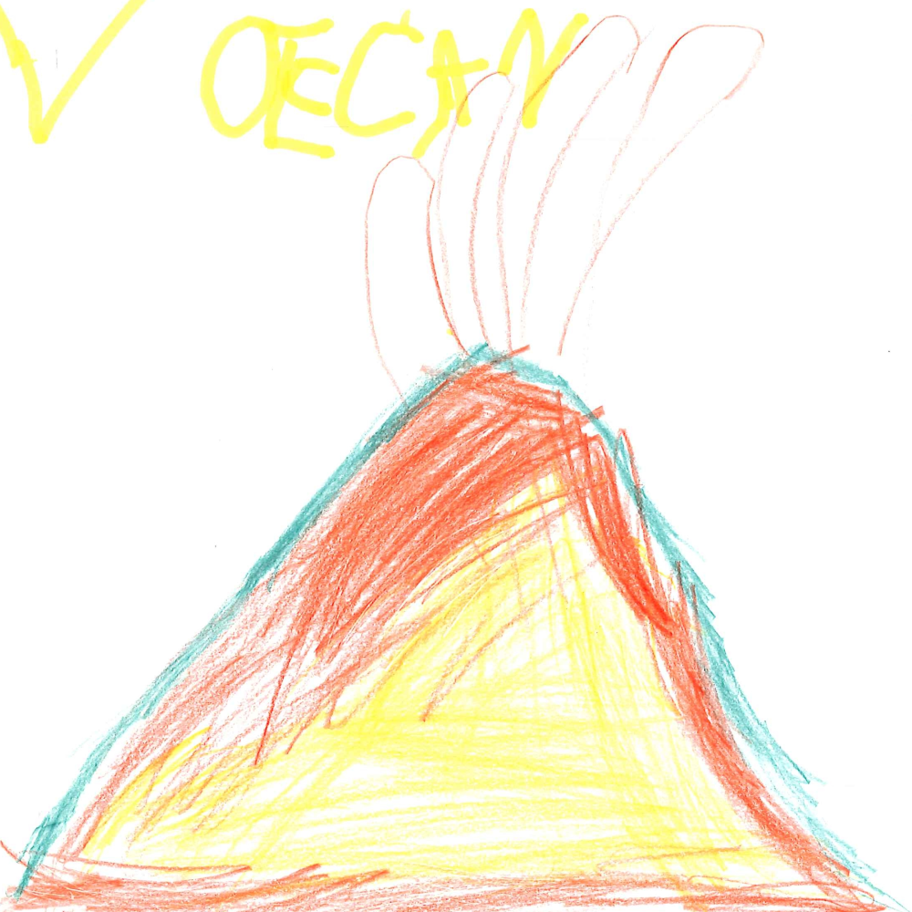 Dessin de Mathéis (6 ans). Mot: VolcanTechnique: Crayons.