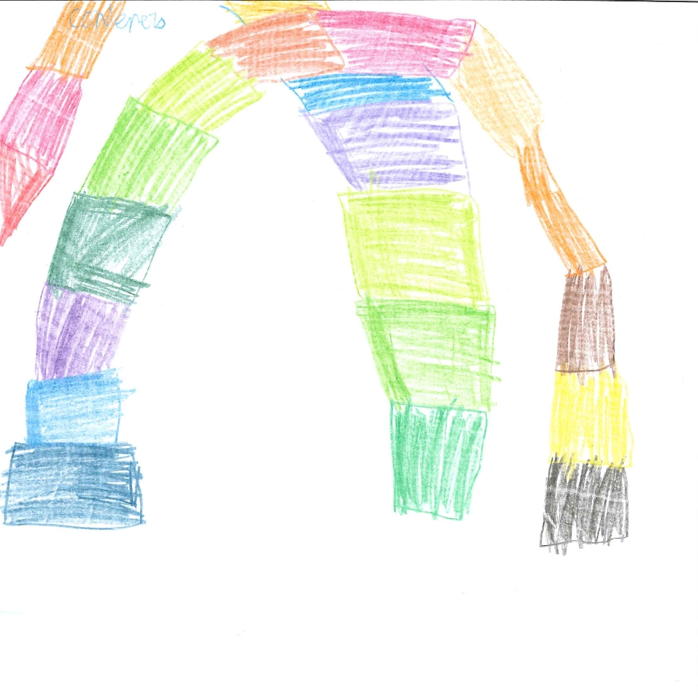 Dessin de Gabriel (10 ans). Mot: ContainerTechnique: Crayons.