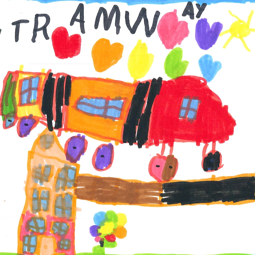 Dessin de Ayman (5 ans). Mot: TramwayTechnique: Feutres.