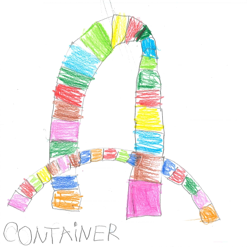 Dessin de Thalia (5 ans). Mot: ContainerTechnique: Pastels.
