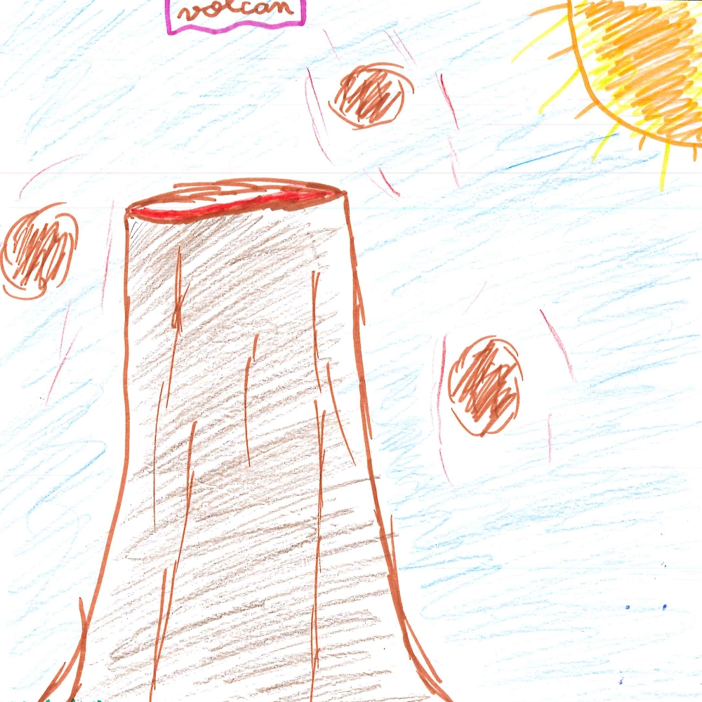 Dessin de Eléonore (8 ans). Mot: VolcanTechnique: Pastels.