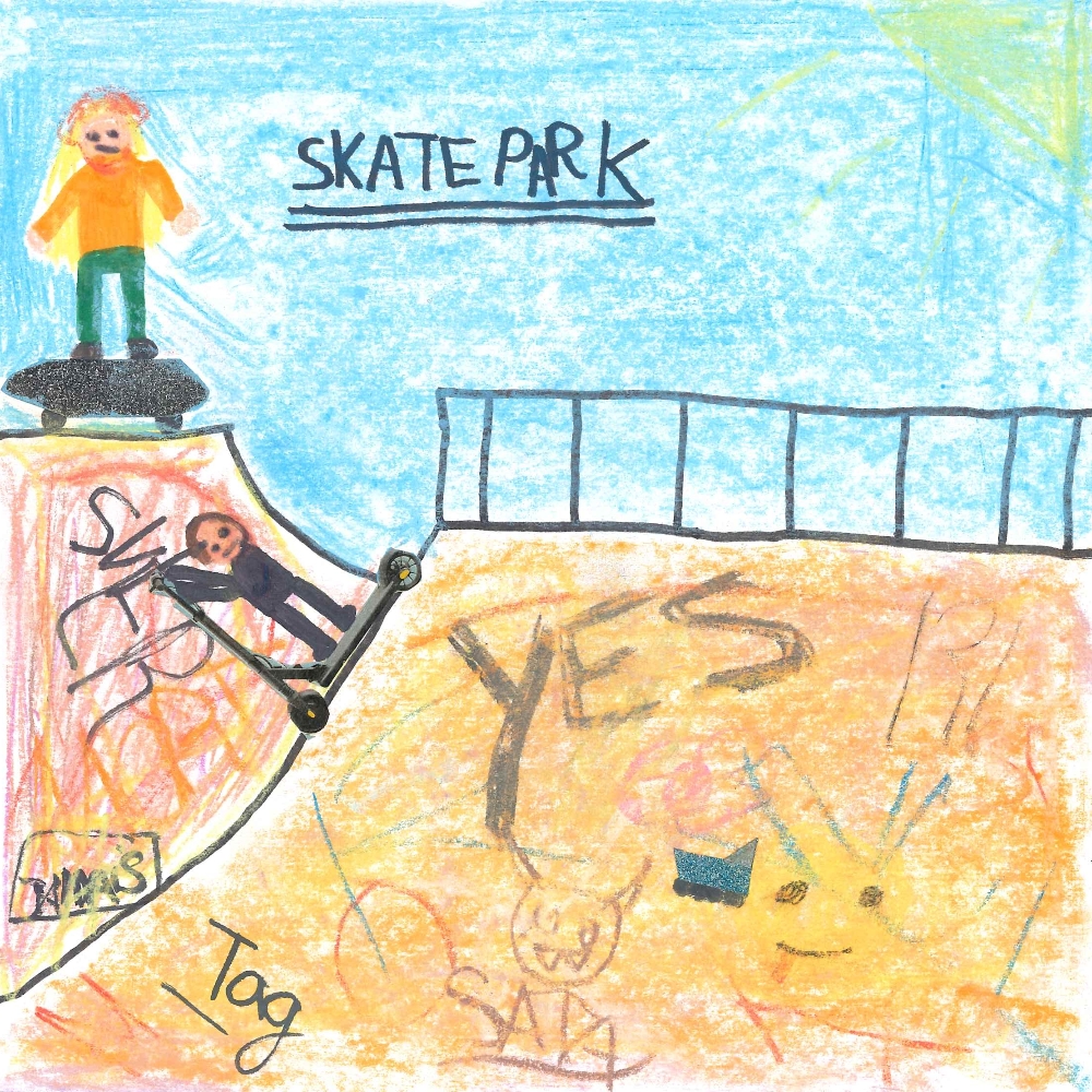 Dessin de Assia (11 ans). Mot: Skate, SkateparkTechnique: Pastels.