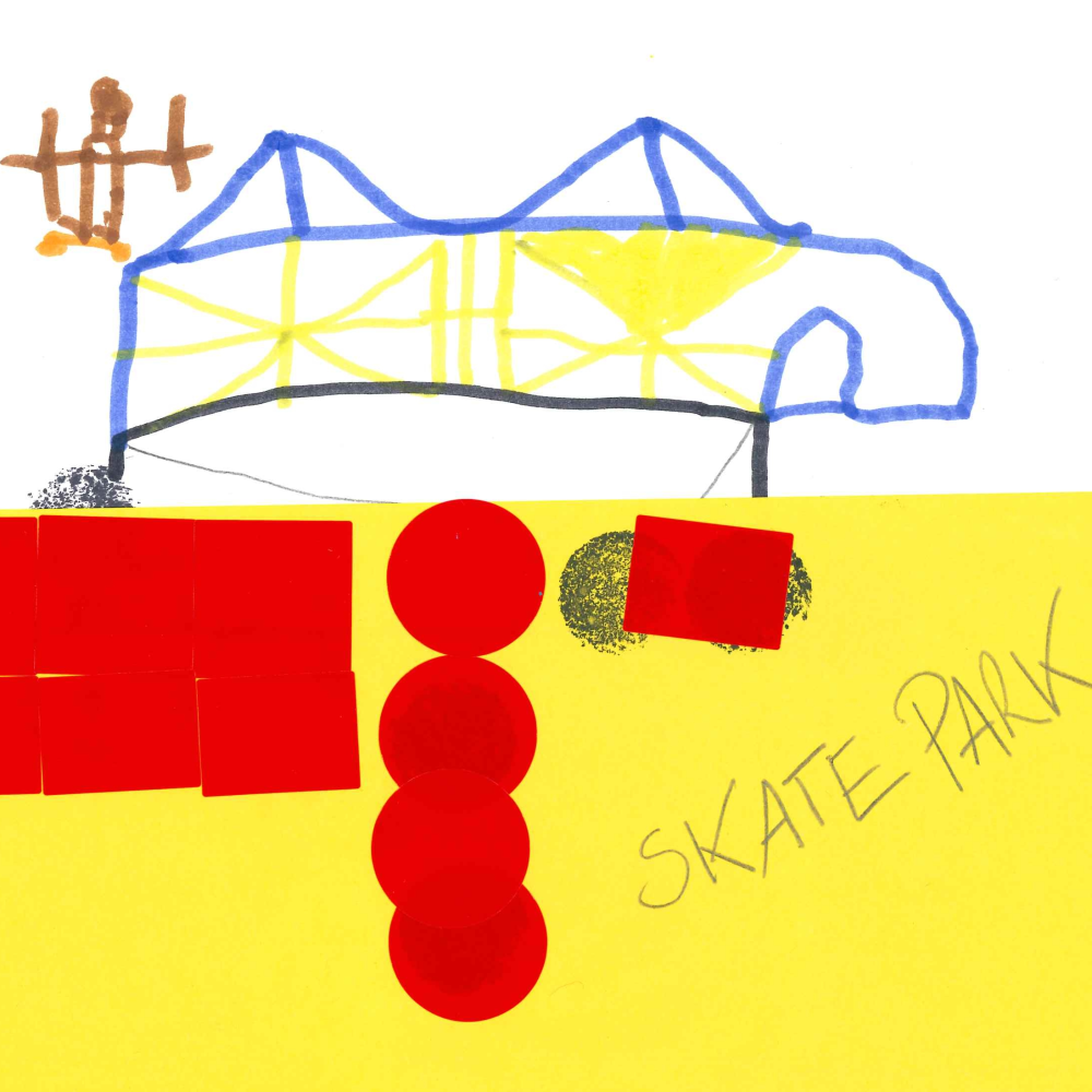 Dessin de Fallou (6 ans). Mot: Skate, SkateparkTechnique: Découpage / Collage.