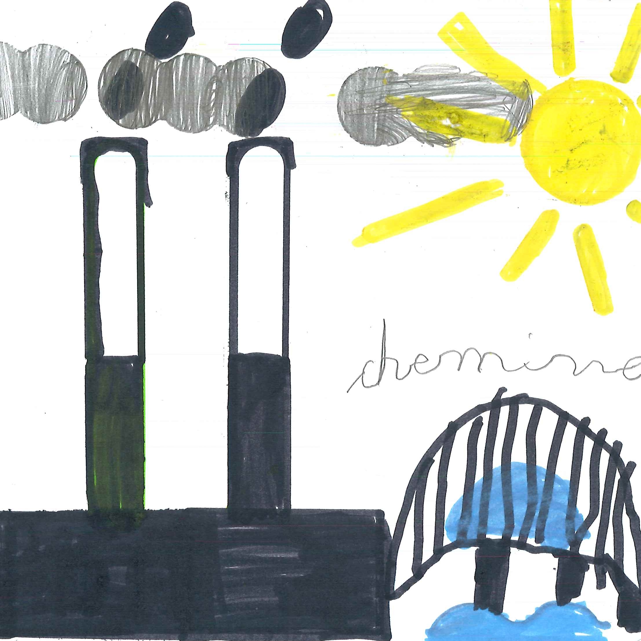 Dessin de Léon (7 ans). Mot: Cheminées de la centrale thermiqueTechnique: Normographe.