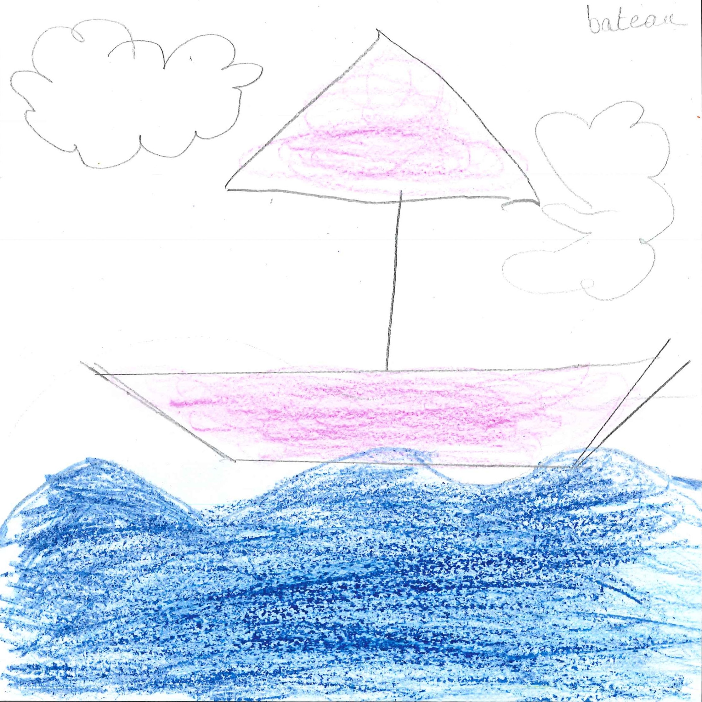 Dessin de Mounir (7 ans). Mot: BateauTechnique: Crayons.