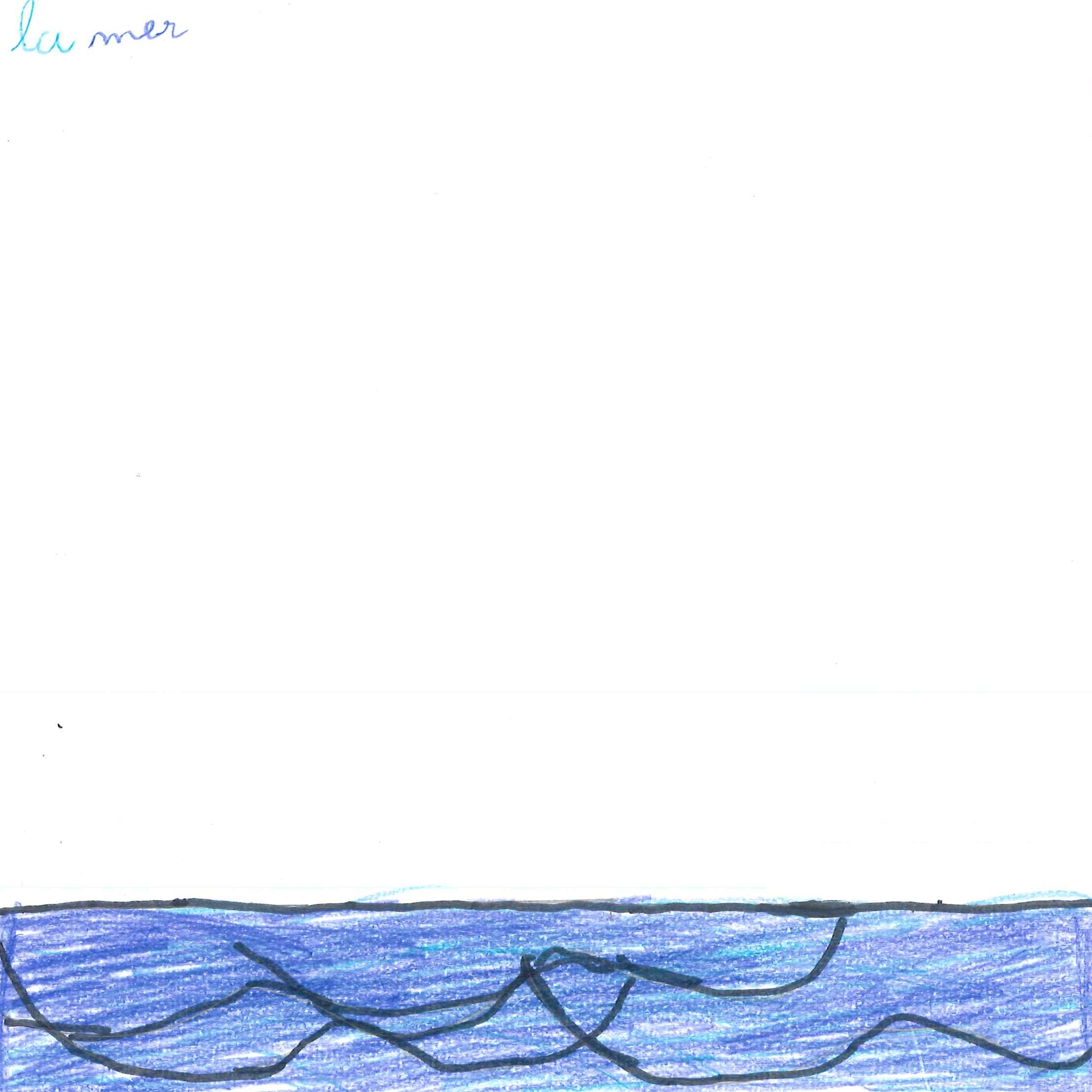 Dessin de Diariatou (9 ans). Mot: MerTechnique: Crayons.