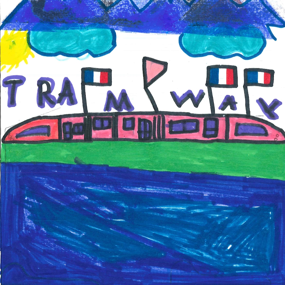 Dessin de Kyllian (9 ans). Mot: TramwayTechnique: Feutres.